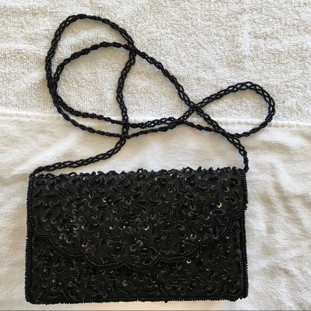 Rectangular Black Beaded Evening Bag Wbeaded Strap - image 1